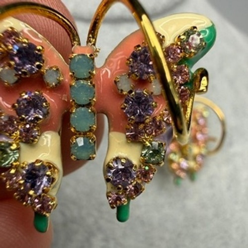 Vintage Lunch at The Ritz Butterfly Earrings Gold Tone Enamel Glass Whimsical